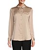Color:Champagne - Image 1 - Piper Point Collar Long Sleeve Satin Button Front Blouse
