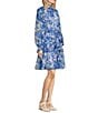 Color:Cobalt Print - Image 3 - Rosalia Floral Print Slit Long Sleeve Mock Neck Tiered A-Line Dress