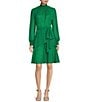 Color:Bright Green - Image 1 - Rosalia Long Split Sleeve Smocked Mock Neck Tie Waist Layered A-Line Dress