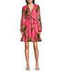 Color:Pink Tropical - Image 1 - Shannon Tropical Floral Printed Chiffon Long Balloon Sleeve V-Neck Bow Waist Detail Ruffle Hem A-Line Dress