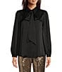 Color:Black - Image 1 - Sylvie Satin Point Collar Self-Tie Bow Detail Long Sleeve Button Front Blouse