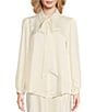 Color:Ivory - Image 1 - Sylvie Satin Point Collar Self-Tie Bow Detail Long Sleeve Button Front Blouse