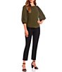 Color:Olive - Image 3 - Woven Georgette Boat Neck 3/4 Sleeve Lori Blouse