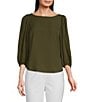 Color:Olive - Image 1 - Woven Georgette Boat Neck 3/4 Sleeve Lori Blouse