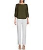 Color:Olive - Image 3 - Woven Georgette Boat Neck 3/4 Sleeve Lori Blouse