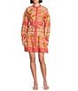 Alex Marie Wren Banded Collar Long Sleeve Tie Waist A-Line Button Front Dress, Color:Orange Multi - Image 1