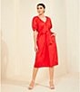 Color:Cherry - Image 4 - x Brrr° Everly V-Neck Puff Sleeve Midi Dress