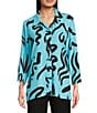 Ali Miles Ali Mile Doodle Line Print Linen Blend Point Collar 3/4 Sleeve Button Front Tunic, Color:Blue - Image 5