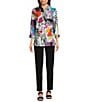 Ali Miles Ali Mile Petite Size Printed Woven Point Collar 3/4 Sleeve Button Front Tunic, Color:Abstract Multiple - Image 3
