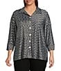 Ali Miles Ali Mile Plus Size Yarn-Dye Knit Abstract Print Point Collar 3/4 Cuff Sleeve Button Front Tunic, Color:Black/White - Image 1