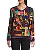Ali Miles Abstract Multi Stroke Knit V-Neck Long Sleeve Popover Top, Color:Abstract Multi - Image 1