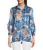 Color:Multi - Image 1 - Abstract Print Cable Burnout Knit Wire Collar 3/4 Ruffle Sleeve Snap Front Tunic