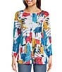 Color:Abstract Multi - Image 1 - Abstract Print Knit Round Neck 3/4 Sleeve Tunic