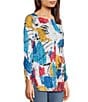 Color:Abstract Multi - Image 4 - Abstract Print Knit Round Neck 3/4 Sleeve Tunic