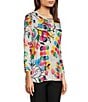 Ali Miles Abstract Print Straight Button Hem Round Neck 3/4 Sleeve Tunic, Color:Multi - Image 3