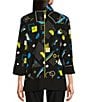 Color:Black Print - Image 2 - Abstract Print Wire Collar 3/4 Sleeve Uneven Hem Button-Front Tunic