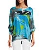 Color:Abstract Multi - Image 1 - Abstract Print Woven Crew Neck 3/4 Sleeve Hi-Low Hem Tunic