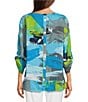 Color:Abstract Multi - Image 2 - Abstract Print Woven Crew Neck 3/4 Sleeve Hi-Low Hem Tunic