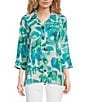 Color:Blue Print - Image 1 - Abstract Print Woven Point Collar 3/4 Sleeve Vented Hem Button-Front Tunic