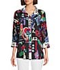 Ali Miles Abstract Printed Woven Wire Collar 3/4 Sleeve Button Front Tunic, Color:Abstract Multi - Image 1