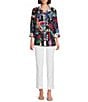 Ali Miles Abstract Printed Woven Wire Collar 3/4 Sleeve Button Front Tunic, Color:Abstract Multi - Image 5