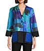 Ali Miles Abstract Stand Collar Long Cuffed Sleeve Button Front Jacket, Color:Blue Multi - Image 1