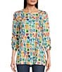 Color:Tile Multi - Image 1 - Abstract Tile Print Knit Round Neck 3/4 Sleeve Tunic
