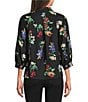 Ali Miles All-Over Floral Multi Print Linen Blend Point Collar Elbow Sleeve Button Front Tunic, Color:Black Multi - Image 2