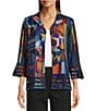 Ali Miles Brushed Knit Abstract Print Wire Collar 3/4 Sleeve Button Front Jacket, Color:Black Abstract Print - Image 1