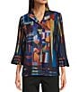 Ali Miles Brushed Knit Abstract Print Wire Collar 3/4 Sleeve Button Front Jacket, Color:Black Abstract Print - Image 2