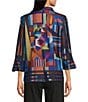 Ali Miles Brushed Knit Abstract Print Wire Collar 3/4 Sleeve Button Front Jacket, Color:Black Abstract Print - Image 3