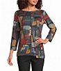 Ali Miles Brushed Knit Geometric Multi Print Round Neck 3/4 Sleeve Pullover Top - Image 1