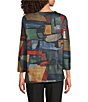 Ali Miles Brushed Knit Geometric Multi Print Round Neck 3/4 Sleeve Pullover Top - Image 2