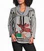 Ali Miles Brushed Knit Placed Animal Print Cowl Collar 3/4 Sleeve Front Drawstrings Top - Image 1