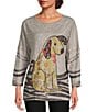 Ali Miles Brushed Knit Round Neck Long Sleeve Novelty Abstract Stripe Dog Print Popover Tunic, Color:Neutral Animal - Image 1
