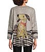 Ali Miles Brushed Knit Round Neck Long Sleeve Novelty Abstract Stripe Dog Print Popover Tunic, Color:Neutral Animal - Image 2