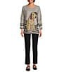 Ali Miles Brushed Knit Round Neck Long Sleeve Novelty Abstract Stripe Dog Print Popover Tunic, Color:Neutral Animal - Image 3