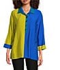 Ali Miles Color Block Point Collar 3/4 Cuff Sleeve Front Button Pop-Over Tunic, Color:Deep Olive - Image 1