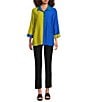 Ali Miles Color Block Point Collar 3/4 Cuff Sleeve Front Button Pop-Over Tunic, Color:Deep Olive - Image 5