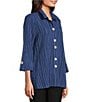 Ali Miles Crinkle Woven Abstract Stripe Wire Collar 3/4 Sleeve Button Front Tunic, Color:Indigo Blue - Image 3