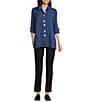 Ali Miles Crinkle Woven Abstract Stripe Wire Collar 3/4 Sleeve Button Front Tunic, Color:Indigo Blue - Image 5