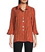Ali Miles Crinkle Woven Abstract Stripe Wire Collar 3/4 Sleeve Button Front Tunic, Color:Spice - Image 1