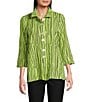Ali Miles Crinkle Woven Abstract Stripe Wire Collar 3/4 Sleeve Button Front Tunic, Color:Soft Lime - Image 1