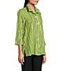 Ali Miles Crinkle Woven Abstract Stripe Wire Collar 3/4 Sleeve Button Front Tunic, Color:Soft Lime - Image 3