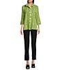 Ali Miles Crinkle Woven Abstract Stripe Wire Collar 3/4 Sleeve Button Front Tunic, Color:Soft Lime - Image 5