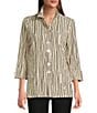 Ali Miles Crinkle Woven Abstract Stripe Wire Collar 3/4 Sleeve Button Front Tunic, Color:Khaki - Image 1