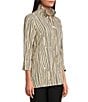 Ali Miles Crinkle Woven Abstract Stripe Wire Collar 3/4 Sleeve Button Front Tunic, Color:Khaki - Image 3