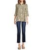 Ali Miles Crinkle Woven Abstract Stripe Wire Collar 3/4 Sleeve Button Front Tunic, Color:Khaki - Image 5