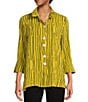 Ali Miles Crinkle Woven Abstract Stripe Wire Collar 3/4 Sleeve Button Front Tunic, Color:Citron - Image 1