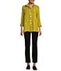 Ali Miles Crinkle Woven Abstract Stripe Wire Collar 3/4 Sleeve Button Front Tunic, Color:Citron - Image 5